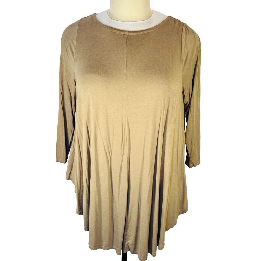 Roamans Tunic Top Womens Size 18/20 Fits 3X Tan Beige Extra Long 3/4 Sleeve